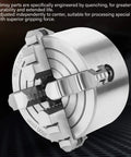 Premium 4 Inch Independent Four Jaw Lathe Chuck Featuring Reversible Steel Jaws, detailed view showcasing robust design and gripping force.