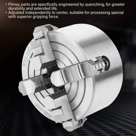 Premium 4 Inch Independent Four Jaw Lathe Chuck Featuring Reversible Steel Jaws, detailed view showcasing robust design and gripping force.