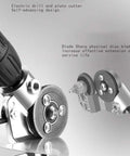 Close-up of Pro Grade Sheet Metal Drill Nibbler Attachment For Electric Drills Titanium Coated Nibbler Cutter Metal Shears Attachment