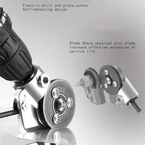 Close-up of Pro Grade Sheet Metal Drill Nibbler Attachment For Electric Drills Titanium Coated Nibbler Cutter Metal Shears Attachment