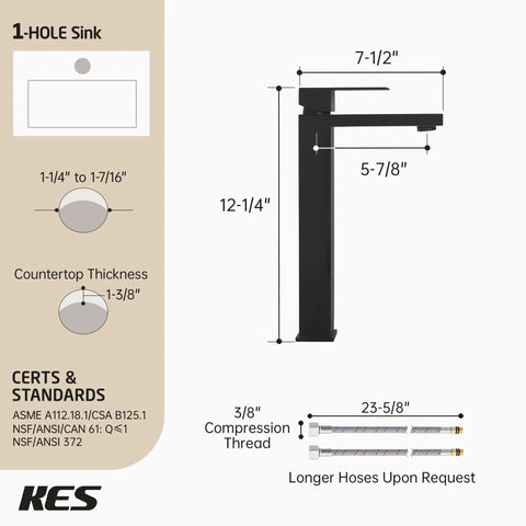Dope Matte Black Tall Vessel Sink Faucet For Single Hole Bathroom Setup with size and certifications