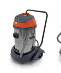 Professional Industrial Wet Dry Shop Vac With Dual 2000 Watt Motors And Massive 21 Gallon Tank in stainless steel, showcasing wheels and handle.