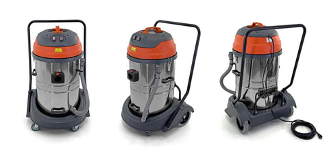 Professional Industrial Wet Dry Shop Vac With Dual 2000 Watt Motors And Massive 21 Gallon Tank in stainless steel, showcasing wheels and handle.