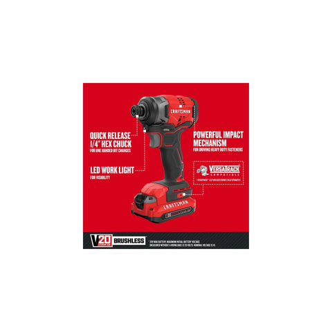 V20 Cordless Impact Driver Kit With 1/4 Inch Quick Release Chuck Battery And Charger Included Brushless Motor Delivers