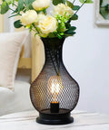 11 Inch Tall Metal Battery Operated Table Lamp In Vase Shape With Mesh Design, Cordless Led Bulb Light For Indoor Outdoor Decor