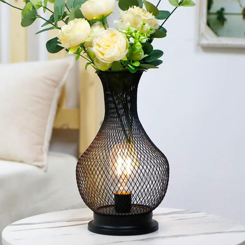 11 Inch Tall Metal Battery Operated Table Lamp In Vase Shape With Mesh Design, Cordless Led Bulb Light For Indoor Outdoor Decor