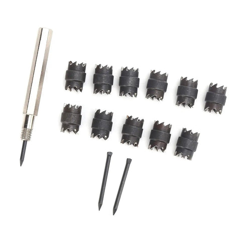 13 Piece Pro Grade Spot Weld Cutter Set Three Eighths Inch Double Sided Spot Drill Tool components displayed