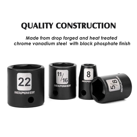 3/8 Inch Drive Deep Impact Socket Set 6-Point 49 Piece SAE And Metric Sizes with black phosphate finish on sockets