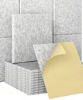 18 Pack Self Adhesive Acoustic Panels For Walls To Deaden Echo And Reduce Noise Keep Your Space Chill And Quiet High Density Polyester Fiber Tiles in grey, showing peel and stick back.