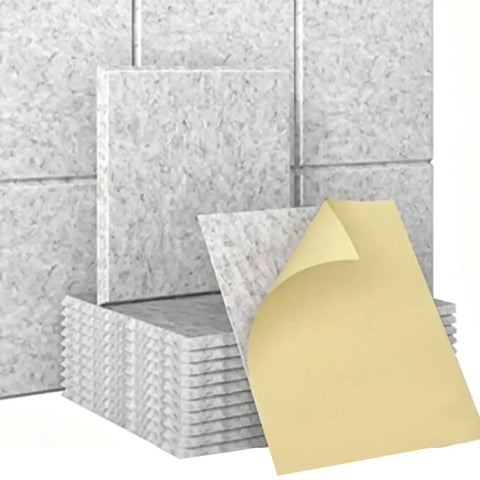 18 Pack Self Adhesive Acoustic Panels For Walls To Deaden Echo And Reduce Noise Keep Your Space Chill And Quiet High Density Polyester Fiber Tiles in grey, showing peel and stick back.
