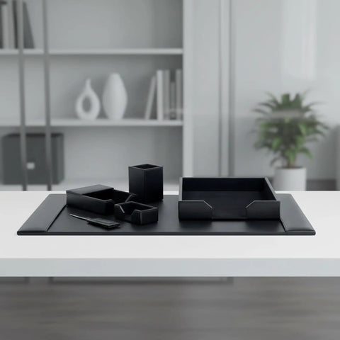 Bonded Leather Desk Set Six Piece With Sleek Leather Desk Pad And Essential Desk Organizer Accessories In Black
