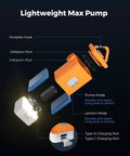 FLEXTAILGEAR portable air pump exploded view with orange housing, LED light, and charging ports.