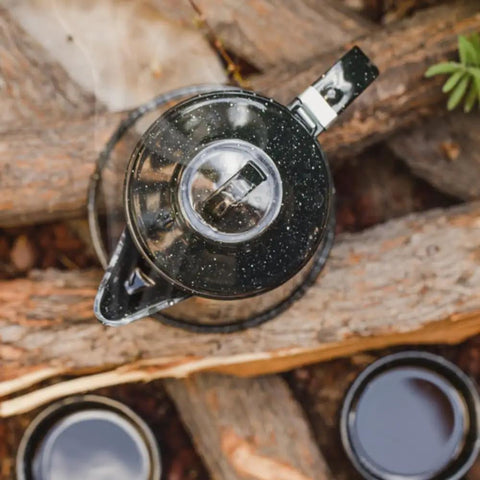 Top view of 3 Qt Coffee Boiler in speckled black for quick brews, rapid heat absorption, holds up to 12 cups. Easy pour spout.
