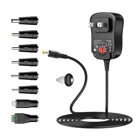 Do It All 24W AC To DC Power Adapter Kit with 8 plugs for LED strips, CCTV cameras, routers, and speakers, black color
