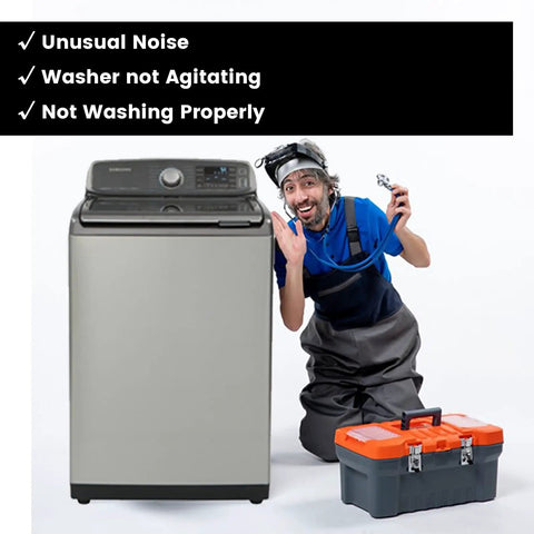 Repair technician next to washer showing signs for Wash Plate Pulsator Assembly Replacement For LG Kenmore Sears Washers AGZ72909711 AP6800730