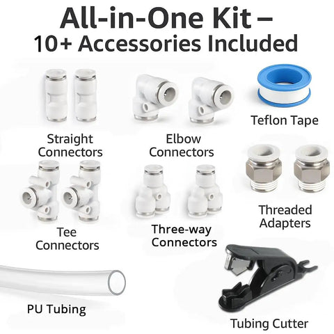 Pro Grade PU Air Line Kit With 32.8 Ft Clear Flexible Hose Eight Millimeter Or Five Sixteenth Inch OD And Five Millimeter ID Push To Connect Fittings Tube Cutter Durable Pneumatic Tubing Set For Compressors And Air Tools accessories including connectors, tape, cutters.