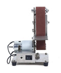 Electric Mini Belt Sander Heavy Benchtop Grinder And Polisher Sporting 9000Rpm Adjustable Speed, side view of motor and belt.