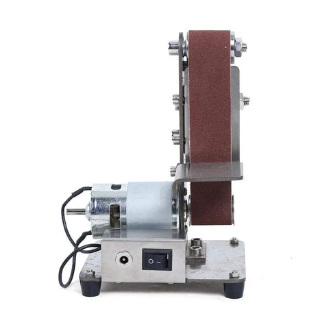 Electric Mini Belt Sander Heavy Benchtop Grinder And Polisher Sporting 9000Rpm Adjustable Speed, side view of motor and belt.