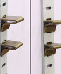 Built Tough Adjustable Steel Pilaster Shelf Clip Brackets With Dead Simple Slide Mount And Smooth Galvanized Coating For Any Standard Wood Or Metal Shelving Rack System Bronze showcasing installation on vertical rail.