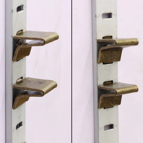 Built Tough Adjustable Steel Pilaster Shelf Clip Brackets With Dead Simple Slide Mount And Smooth Galvanized Coating For Any Standard Wood Or Metal Shelving Rack System Bronze showcasing installation on vertical rail.