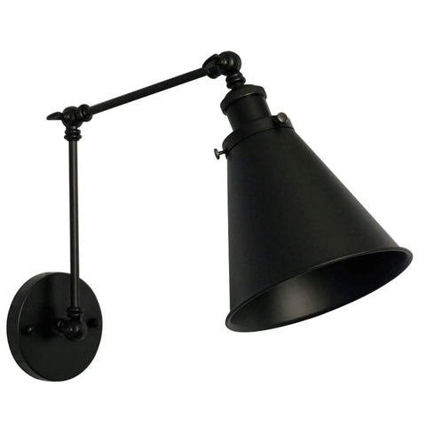 Industrial Black Finish Wall Sconce With Adjustable Arm And E26 Base 1 Light Fixture, metal, hardwire mount, cone shade.