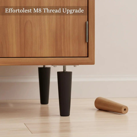 Conical Furniture Leg With M8 Thread Durable PP Plastic And Metal Replacement for cabinets, shown installed, side view, 5.9 by 2.2 inches