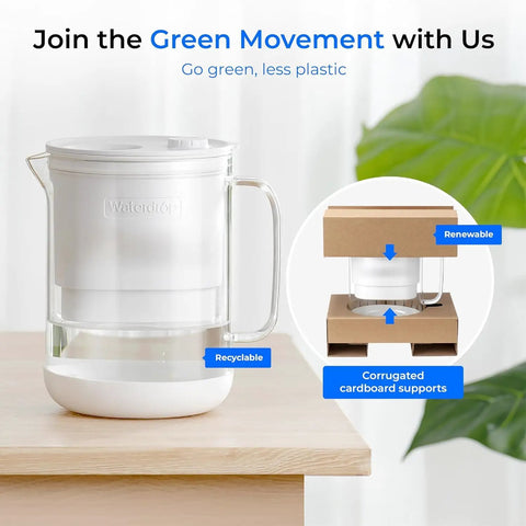 Glass Water Filter Pitcher, 7-Cup Capacity, Eco Friendly And BPA Free, Reduces PFOA PFOS, Chlorine, Cadmium, Copper And Mercury, NSF ANSI 53, 42 And 372 Certified, Easy To Clean, White, displayed with packaging on table