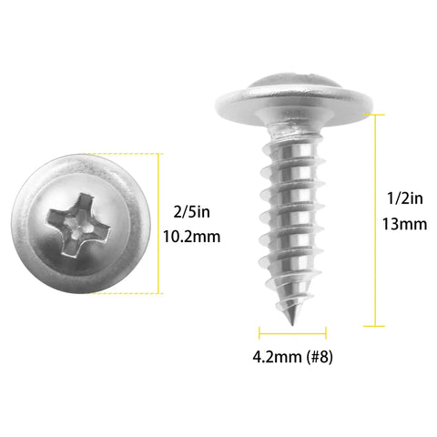 Rock Solid Two Fifty Pack Number Eight By One Half Inch Forty One Stainless Steel Self Tapping Wood Screws With Phillips Bit displayed.