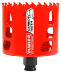 Red carbide teeth hole saw, 3 inch diameter for wood and metal, ultra durable, 50x longer life, visible teeth detail.