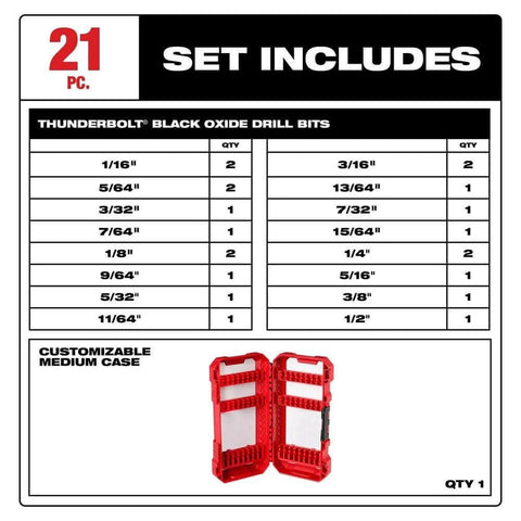 21-piece Thunderbolt black oxide drill bit set in red customizable medium case