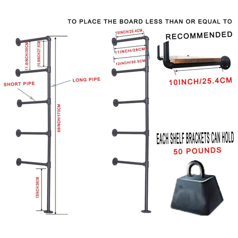 Diagram of Industrial Pipe Shelf System With Five Tier 68 Inch Tall Wall Mount Shelves Black Vintage Retro Open Bookshelf