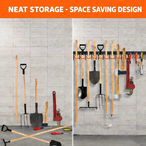 68 Inch All Metal Garden Tool Organizer System Adjustable Wall Mount Garage Organizer With Heavy Duty Hooks and Tool Hangers