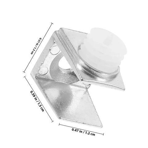 Close-up of a single zinc alloy glass shelf clamp with dimensions, part of a 40 Piece Zinc Alloy Glass Shelf Clamp Brackets For Shower Glass Panels And Floating Shelves With Rock Solid Grip Heavy Duty Construction And Adjustable Clamp 3 To 8 Mm Durable No Discoloration set.