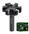 Heavy Duty Spoilboard Surfacing Router Bit For Woodworking With 2 Inch Cutting Diameter And Half Inch Shank Planing Bit With 6 Carbide Inserts For Lightning Fast Slab Flattening displayed with packaging