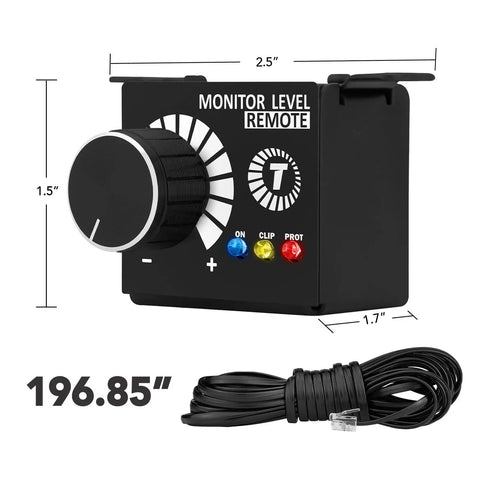 Monitor Level Remote Controller For Car Audio Amplifiers with volume dial, bass knob, LED indicators, black compact design.