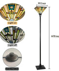 70 Inch Tiffany Torchiere Floor Lamp With Antique Mission Style Stained Glass Shade, dark bronze base, and foot switch.