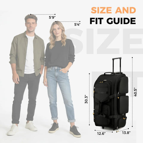 Front view of Searock rolling duffle bag with wheels and extendable handle, black, 90L.