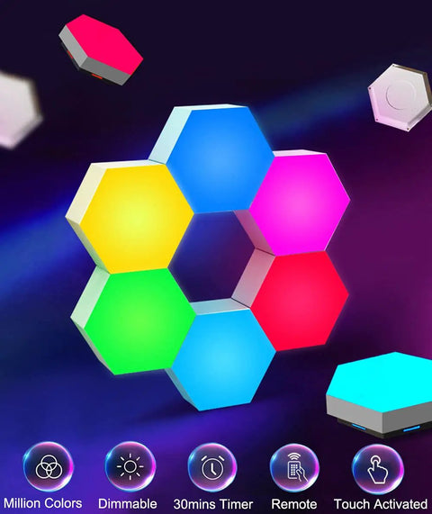 Hexagon LED Light Panels With Remote Control, Touch Sensor RGB Wall Decor Kit for Gaming Room, 10 Pack displayed in vibrant colors
