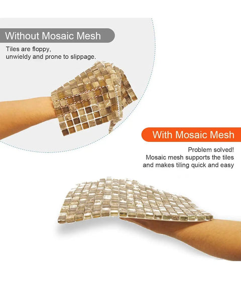 Comparison showing floppy tiles without mesh and stable tiles with mosaic mesh support, demonstrating ease of installation.