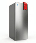 11 Cubic Foot Convertible Upright Fridge And Freezer Freestanding Setup Stainless steel exterior with red 11CU.FT tag