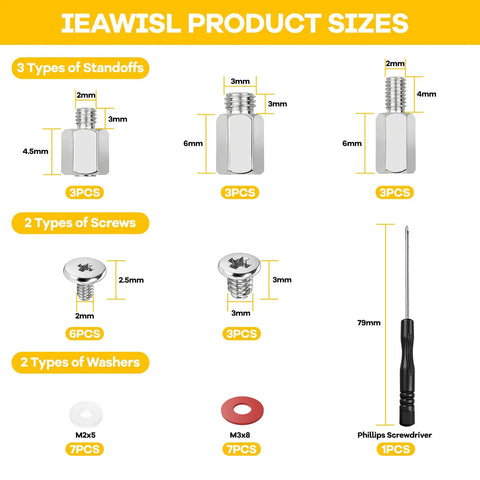 Top Shelf M.2 Ssd Mounting Screws 34 Pc Kit With M2 And M3 Standoffs For Asus Msi Gigabyte Motherboards Laptops Desktops No Sweat Setup Smooth Upgrade Builds showing sizes and types of standoffs, screws, and washers.