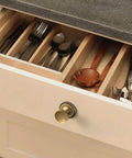 Open kitchen drawer with Antique Brass Cabinet Knobs With Gear Like Backplate Six Pack, Vintage Round Cup Design, Rustic Patina Finish, Industrial Steampunk Kitchen Drawer Pulls By Goo-Ki.