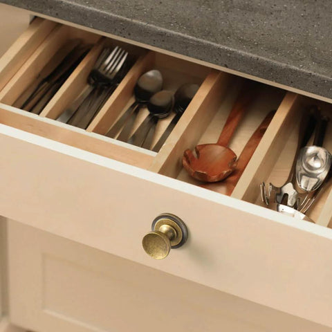 Open kitchen drawer with Antique Brass Cabinet Knobs With Gear Like Backplate Six Pack, Vintage Round Cup Design, Rustic Patina Finish, Industrial Steampunk Kitchen Drawer Pulls By Goo-Ki.