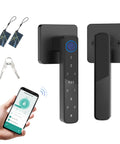 Smart Biometric Fingerprint Door Lock With App And Passcode, Five Unlocking Methods Including Fingerprint, Code, App Control, IC Cards, And Physical Keys, Keyless Entry Door Knob With Handle For Home Office Hotel Apartment, showing front view with handles, keys, IC cards, and smartphone app control.