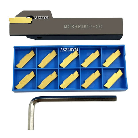 Front view of ASZLBYM lathe grooving tool holder MGEHR1616-3C with 11 MGMN300-M carbide inserts in blue organizer.