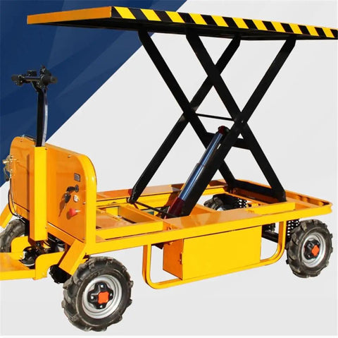 Heavy Duty Hydraulic Lift Table And Four Wheel Manual Push Platform Built Tough As A Workhorse For Pallet Handling and Hassle Free Material Transport Across Busy Job Sites, showing hydraulic lifting mechanism.
