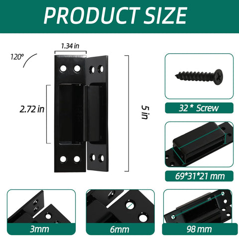 Hidden Door Hinge Set for 5 Inch Doors Black 304 Stainless Steel Rock Solid Heavy Duty Invisible Hinge 120 Degree dimensions