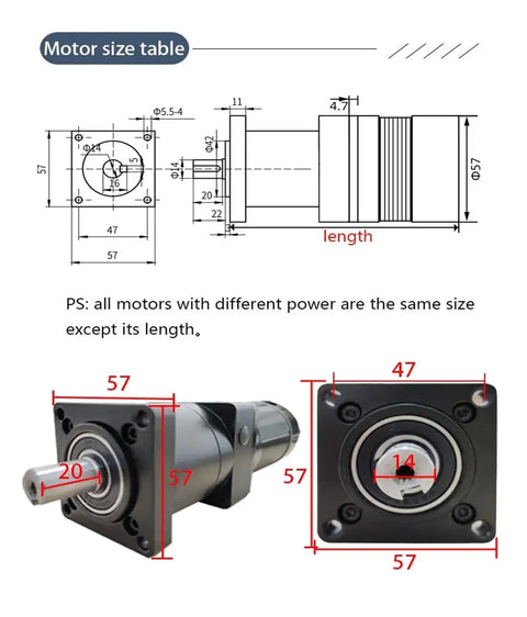 Beefed Up 24V 140W Brushless DC Servo Motor With Positive Reversing, High Torque 12.15 Nm, 3000 RPM dimensions and close-up views