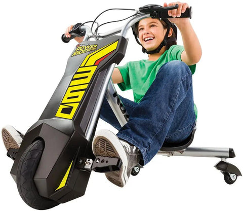 PowerRider 360 Drifting Trike Electric Ride On For Kids 9 MPH Top Speed With 40 Minute Run Time Dual Rear Caster Wheels For 360 Spins And Drifts Black Yellow, child riding