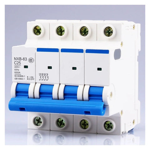 Rock Solid 4 Pole Miniature Circuit Breaker Optimized For 230 And 400 Volt AC Systems showcasing a durable white and blue design.